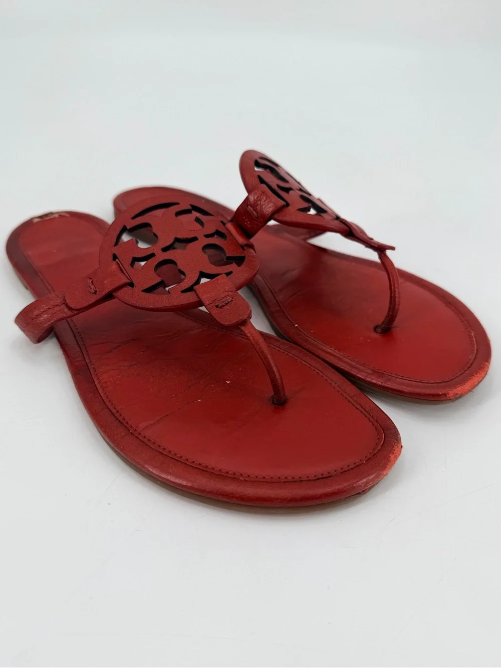 Tory Burch Red Leather Miller Logo Thong Sandals 9 FLAWS